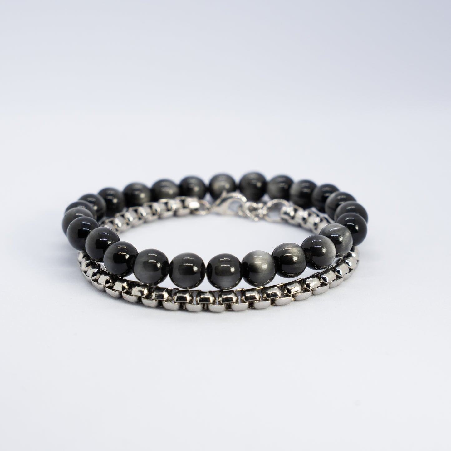 Obsidian silver knot bracelet stack