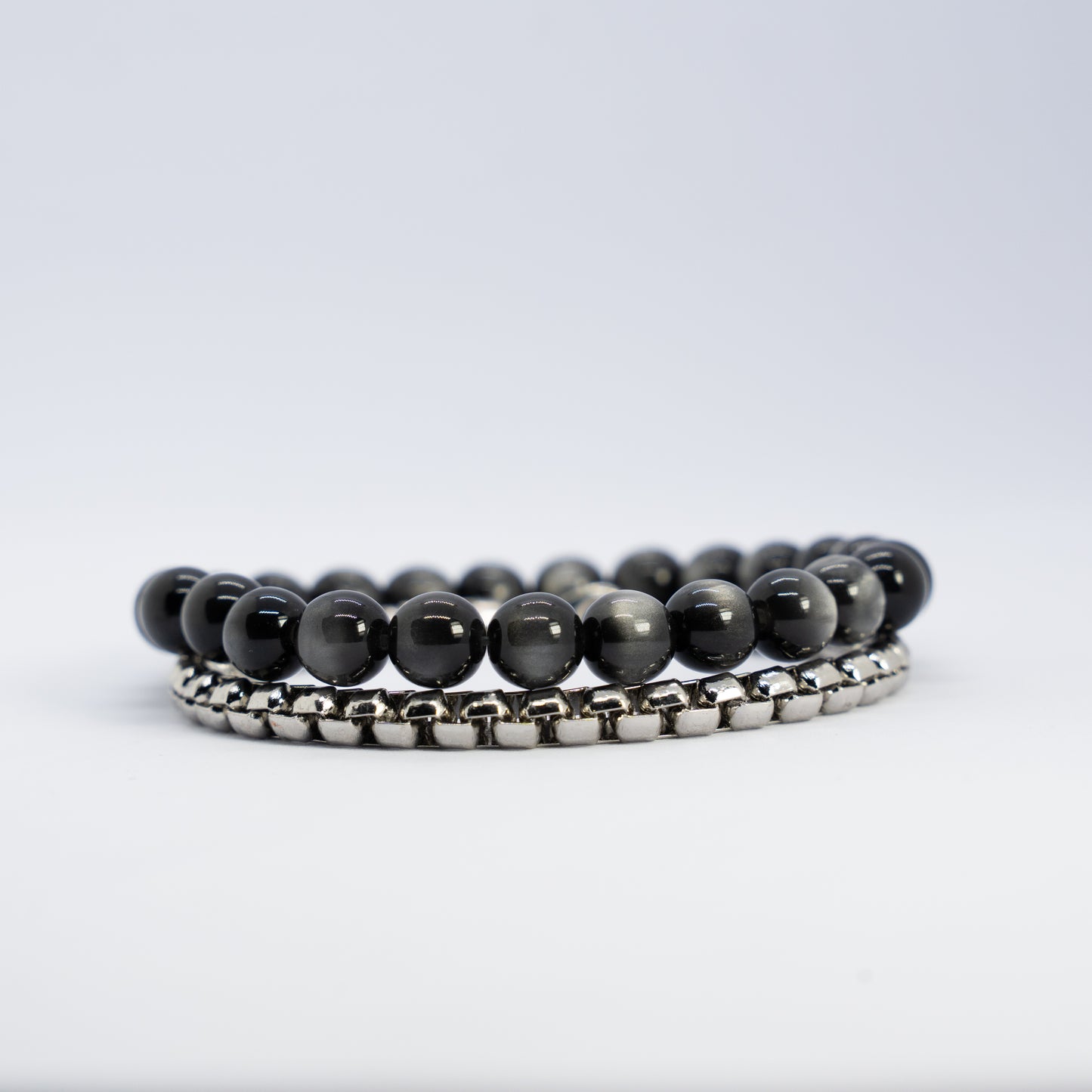 Obsidian silver knot bracelet stack