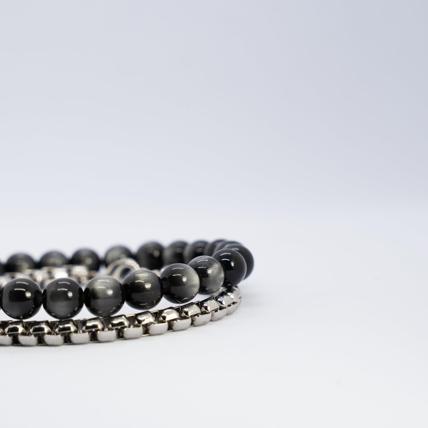 Obsidian silver knot bracelet stack