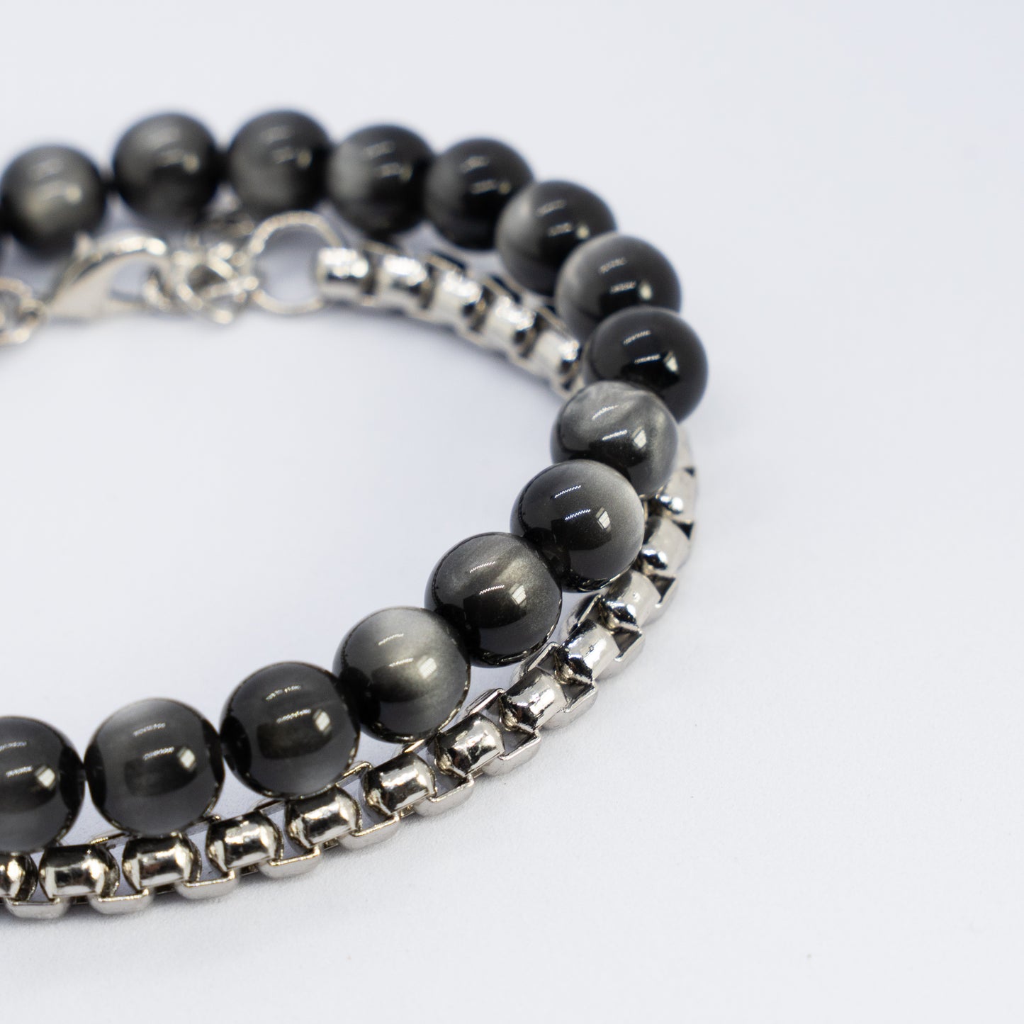 Obsidian silver knot bracelet stack