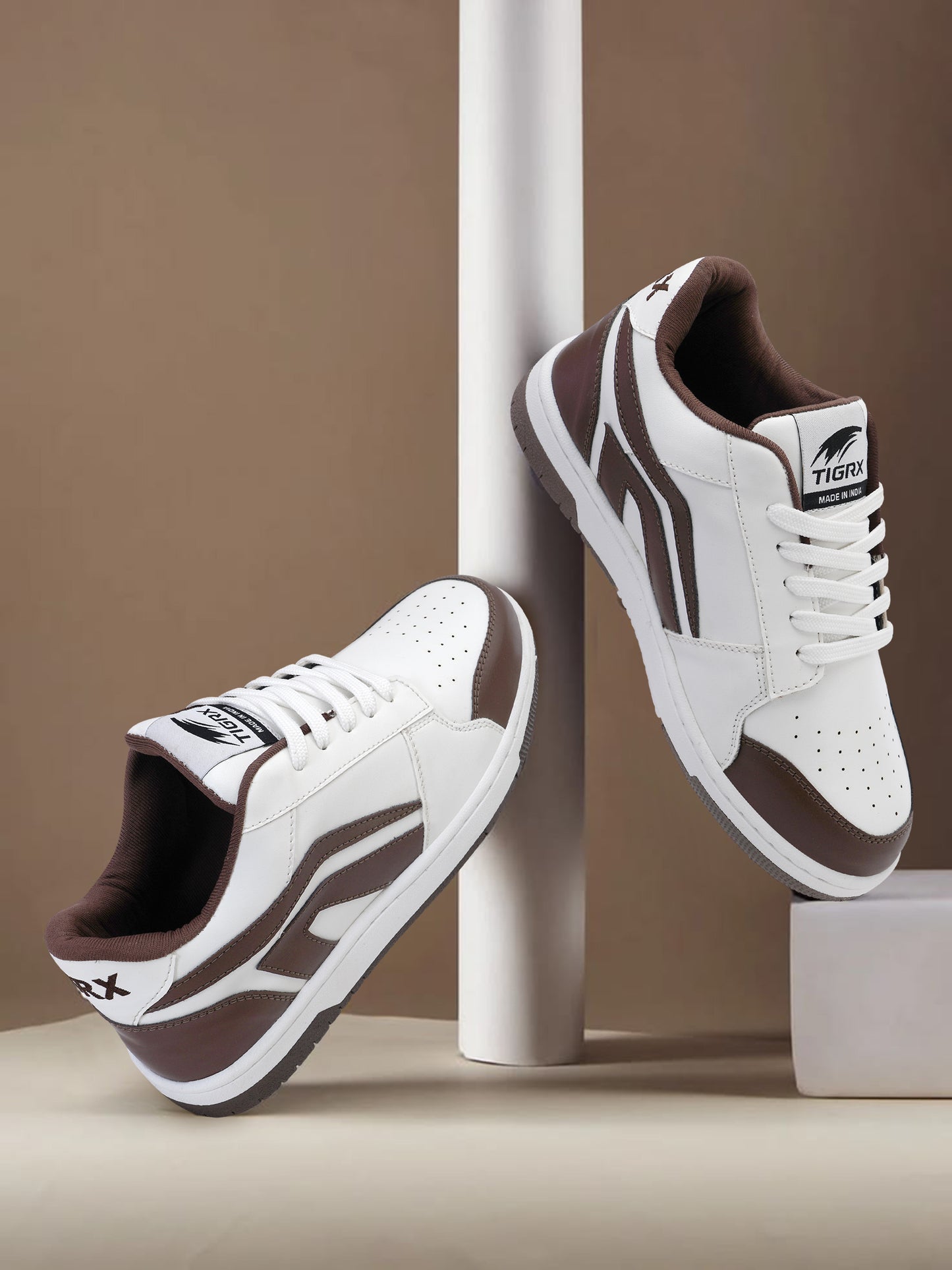 Men's Premium White & Brown Casual Sneakers | Stylish Lace-Up Shoes | Trendy Everyday Footwear