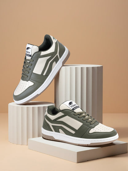 Men's Premium Olive Green & White Casual Sneakers | Stylish Lace-Up Shoes | Trendy Everyday Footwear