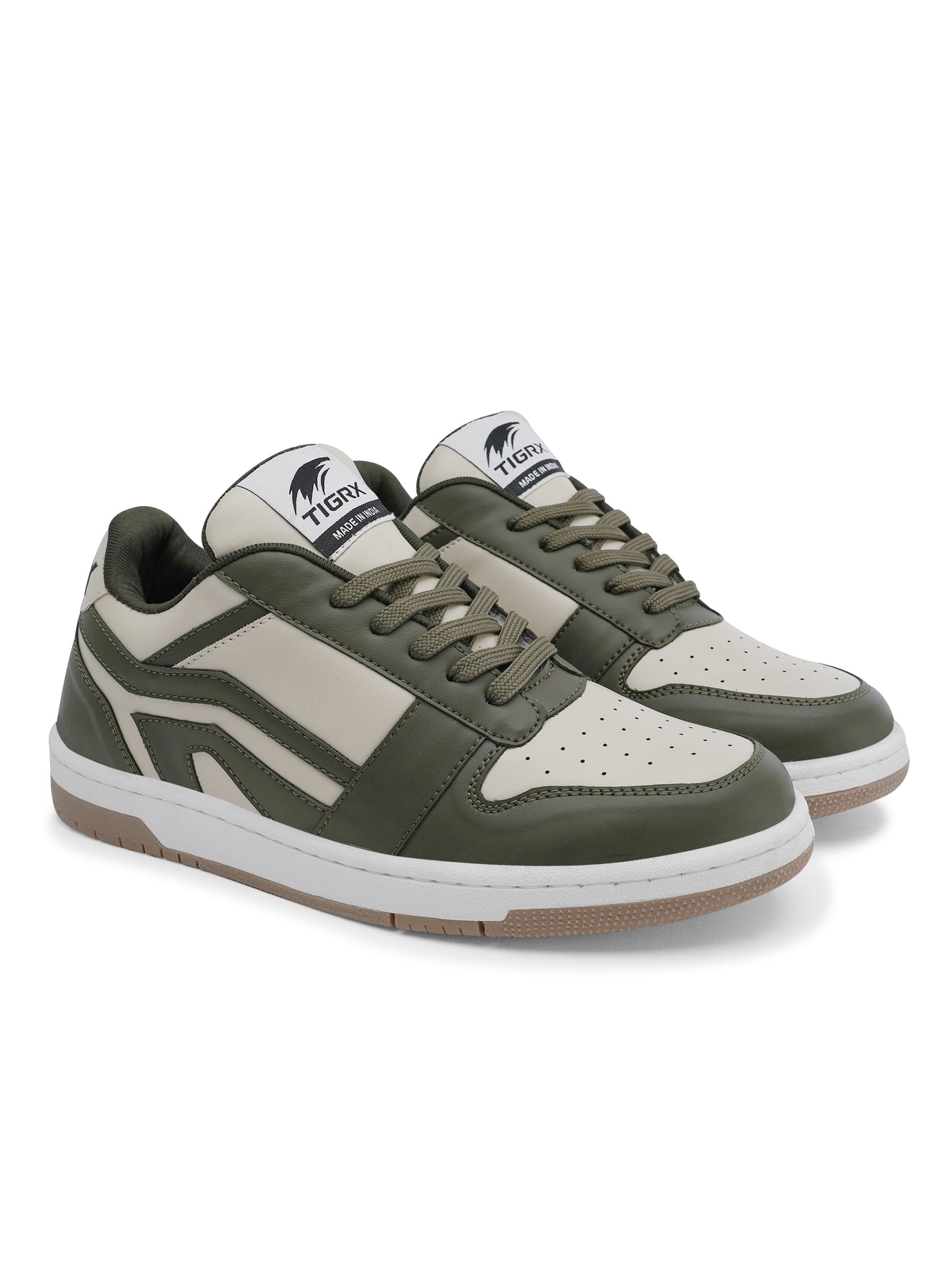 Men's Premium Olive Green & White Casual Sneakers | Stylish Lace-Up Shoes | Trendy Everyday Footwear