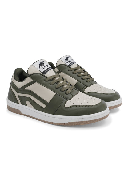 Men's Premium Olive Green & White Casual Sneakers | Stylish Lace-Up Shoes | Trendy Everyday Footwear