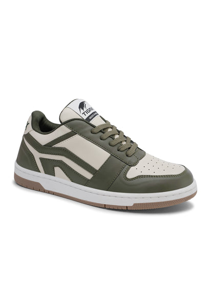 Men's Premium Olive Green & White Casual Sneakers | Stylish Lace-Up Shoes | Trendy Everyday Footwear