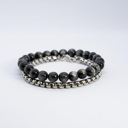 Obsidian silver knot bracelet stack