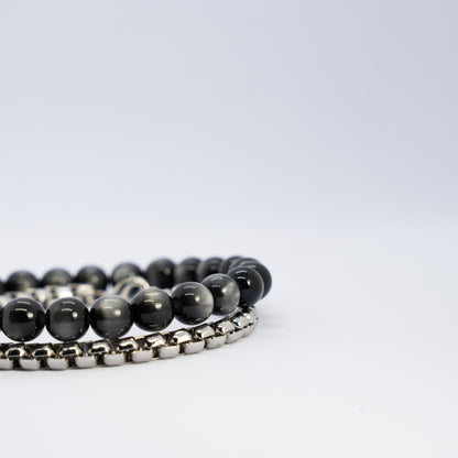 Obsidian silver knot bracelet stack