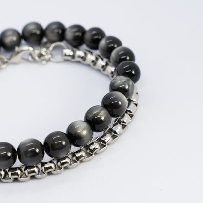Obsidian silver knot bracelet stack
